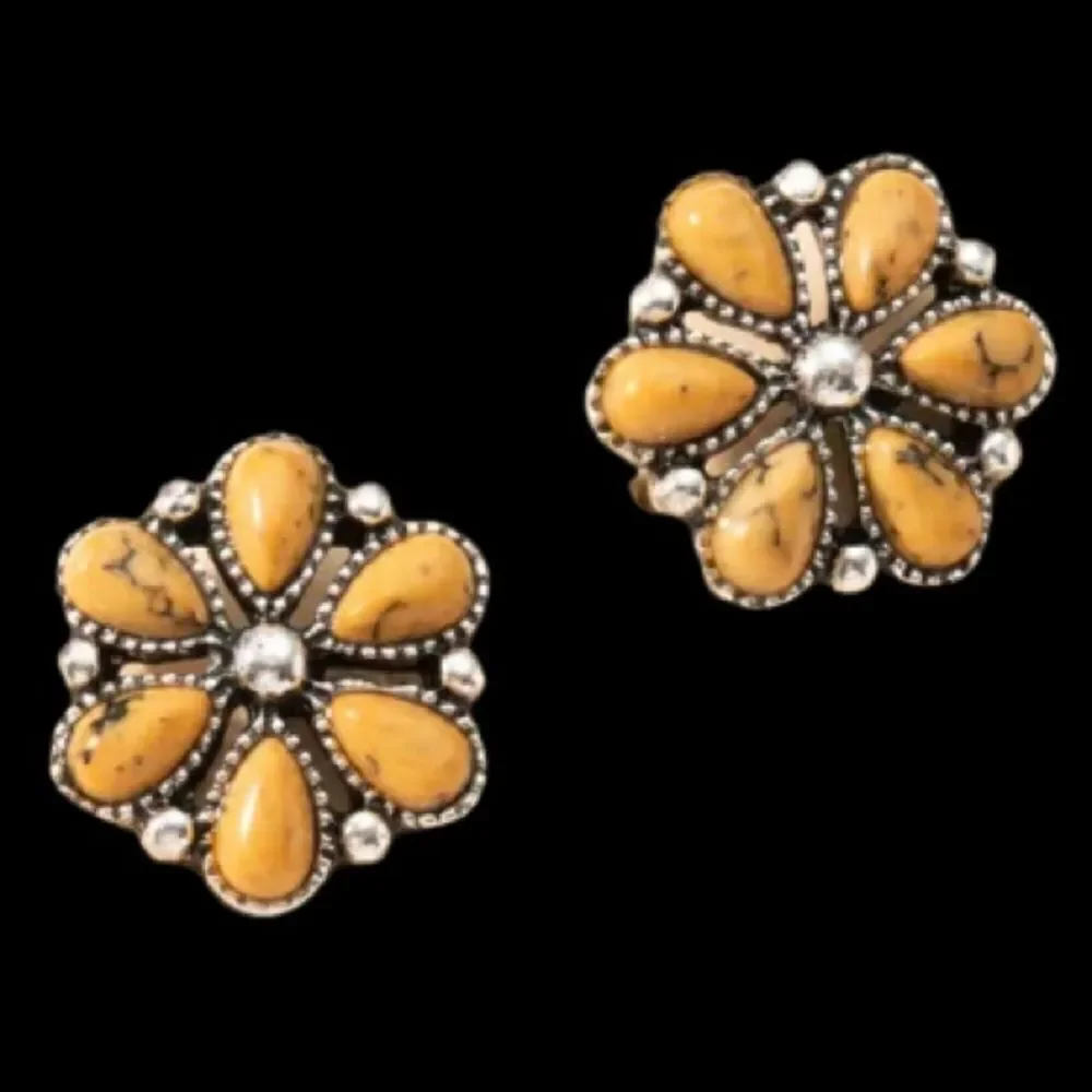 Western Indian Style Yellow Orange Squash Blossom Cluster Mens Cluster Earrings